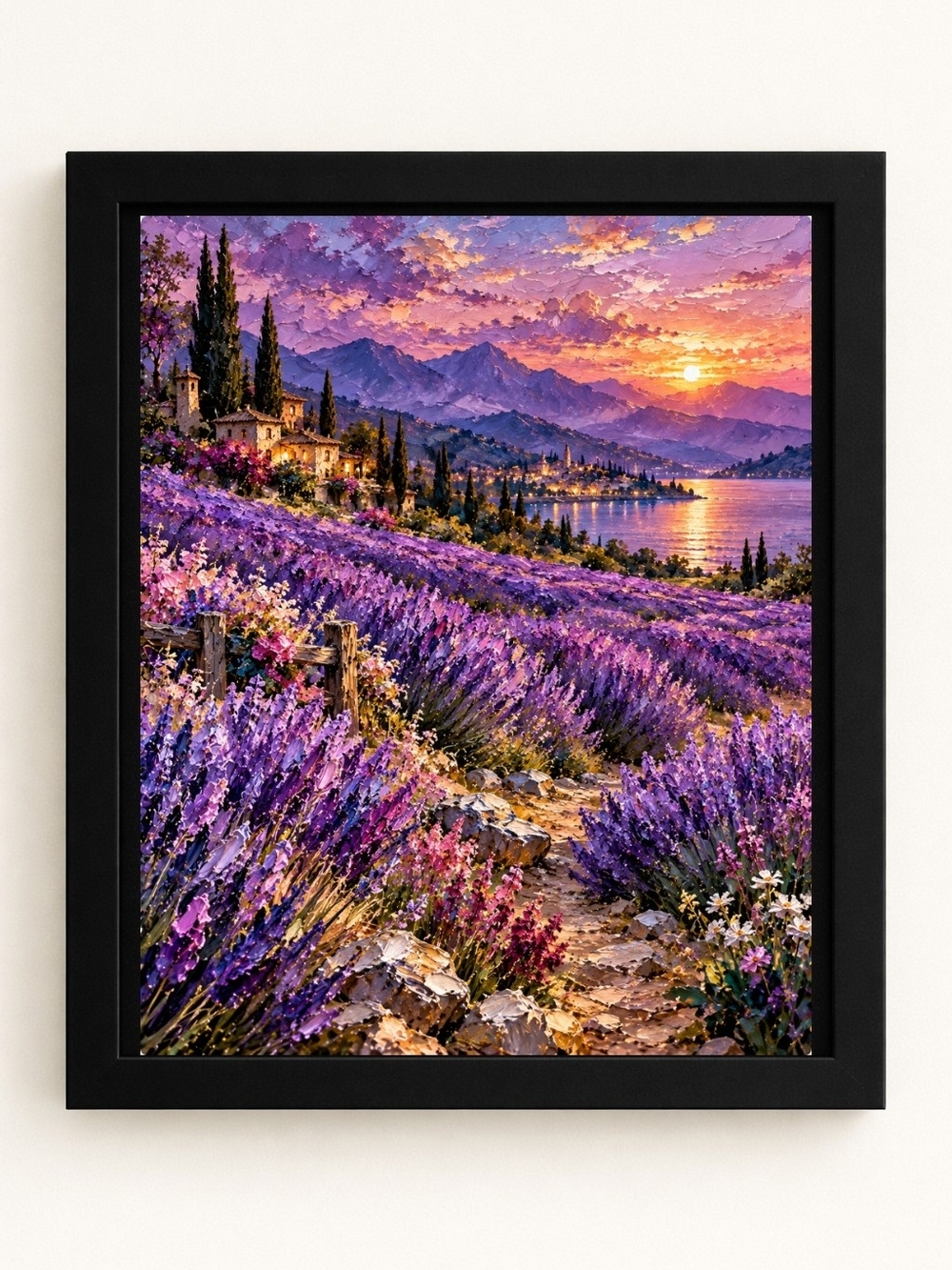 Lavender Field Sunset Framed Art Print - Purple Landscape